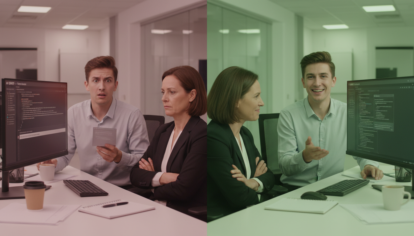 Split screen comparison of good vs bad AI usage in interviews